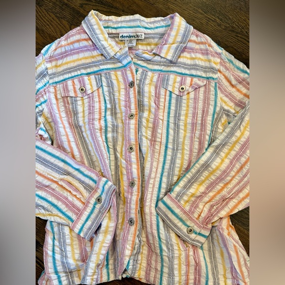 Denim 24/7 Y2K Pastel Stripe Western Button Down Crinkle Cotton Shirt Size 26W - Picture 2 of 9